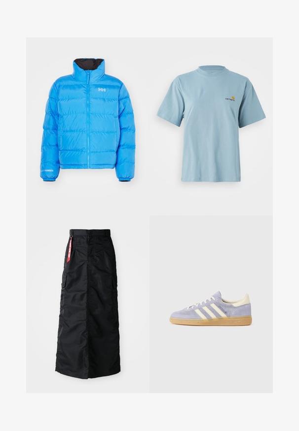 Doudoune bleue avec col montant, fermeture éclair et poignets élastiques. Présente un motif cousu et un logo de marque blanc sur la poitrine et la manche.; T-shirt en coton bleu clair à manches courtes avec col rond et petit logo Carhartt jaune et rouge sur la poitrine gauche.; Jupe longue noire avec bouton et fermeture éclair à l'avant, poches cargo latérales et une étiquette en tissu rouge "Remove Before Flight" sur la taille.; Baskets en daim violet avec trois rayures blanches, semelle en gomme et accents crème au talon et à la languette. Design minimaliste avec détail de logo.