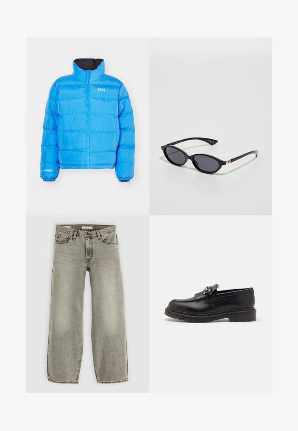 Modrá péřová bunda s vysokým límcem, zipovým zapínáním a elastickými manžetami. Obsahuje prošívaný vzor a bílý značkový logo na hrudi a rukávu.; Bílý oversize tričko z bavlny, s krátkými rukávy, kulatým výstřihem a rovním lemem, bez jakýchkoli vzorů nebo akcentů.; Světlé šedé džíny širokého střihu vyrobené z denimu. Mají tradiční pětikusový design a mírné vyblednutí po celém materiálu.; Černé kožené mokasíny s kulatou špičkou, dekorativním třásněním a zlatými detaily. Silná gumová podešev pro lepší trakci a odolnost.; Černé sluneční brýle s oválnými čočkami, tmavým gradientním zabarvením a štíhlými rameny s jemnými zlatými akcenty. Hladký plastový povrch.