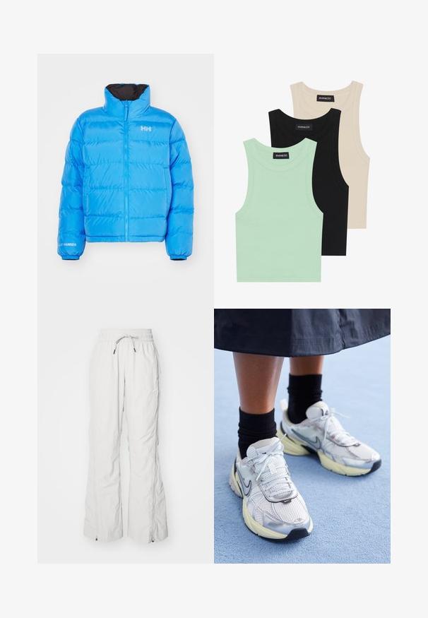 Blue puffer jacket with high collar, zip closure, and elastic cuffs. Features stitched pattern and branded logo in white on chest and sleeve.; Three tank tops in mint green, black, and beige; made of ribbed fabric with a round neckline and no sleeves. Brand label visible.; Light grey cargo pants made of textured fabric, featuring an elastic waistband with drawstring, side pockets, and zippers at the ankles.; White and silver Nike sneakers with mesh fabric, reflective accents, and a beige sole. Worn with black socks, standing on a blue surface.