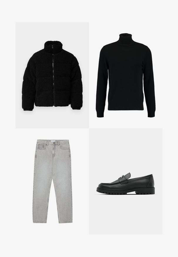 Melnā zipa jaka, izgatavota no strukturēta, pūkaina auduma. Iezīmē augstu apkakli, polsterētu dizainu un elastīgus piedurknes.; Melns augsti stāvošs džemperis, kas izgatavots no mīksta adījuma materiāla. Tam ir garas piedurknes, ribota apkakle un apakšmala. Vienkāršs, elegants dizains bez rakstiem.; Gai pelēko džinsu bikses ar taisnajām kājām, piecu kabatu stilu un pogu aizdari. Redzama šuvju apstrāde gar šuvēm.; Melnas ādas loafers ar noapaļotu purngalu, ar izšūtu dizainu, zemu platformas zoli un teksturētu, rievotu gumijas ārējo zoli.