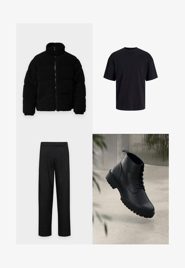 Czarna kurtka na zamek, wykonana z teksturowanej, puszystej tkaniny. Posiada wysoki kołnierz, pikowany design i elastyczne mankiety.; Czarna bawełniana koszulka z okrągłym dekoltem, krótkimi rękawami i luźnym krojem. Gładka tekstura, bez widocznych wzorów czy akcentów.; Czarne spodnie wykonane z gładkiego materiału, z prostą nogawką, dwoma fałdami z przodu oraz standardowym paskiem z wypustkami na pasek.; Czarne skórzane botki na kostkę z okrągłym noskiem, sznurowanym zapięciem i solidną gumową podeszwą. Gładka struktura z pętelką z tyłu.