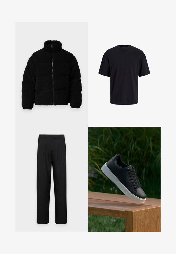 Čierna mikina na zips vyrobená z textúrovaného, nadýchaného materiálu. Má vysoký golier, polstrovaný dizajn a elastické manžety.; Čierne bavlnené tričko s okrúhlym výstrihom, krátkymi rukávmi a uvoľneným strihom. Hladká textúra bez viditeľných vzorov alebo akcentov.; Čierne nohavice vyrobené z hladkej tkaniny, s rovnými nohavicami, dvoma prednými skladmi a štandardným pásom s pútkami na opasok.; Čierne kožené tenisky s hladkým povrchom, biela gumená podrážka a šesť dierok na šnúrky, vystavené na drevenom povrchu.