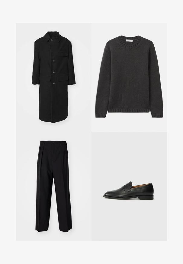 Crni dugi kaput od čvrste tkanine, s ovratnikom, prednjim gumbima i džepom na prsima. Jednostavan, ravno krojen dizajn s bočnim džepovima.; Tamno siva pletiva s rundastim izrezom, rebrastim manžetama i donjim rubom. Tkanina ima teksturirani izgled i regularni kroj.; Crne plisirane hlače s ravnim širokim nogavicama. Izrađene od glatkog materijala, s dugmadi za zatvaranje i petljama za remen.; Crni kožni loafer s okruglim vrhom, suptilnim šavovima i niskim petama, s glatkom teksturom i minimalističkim dizajnom.