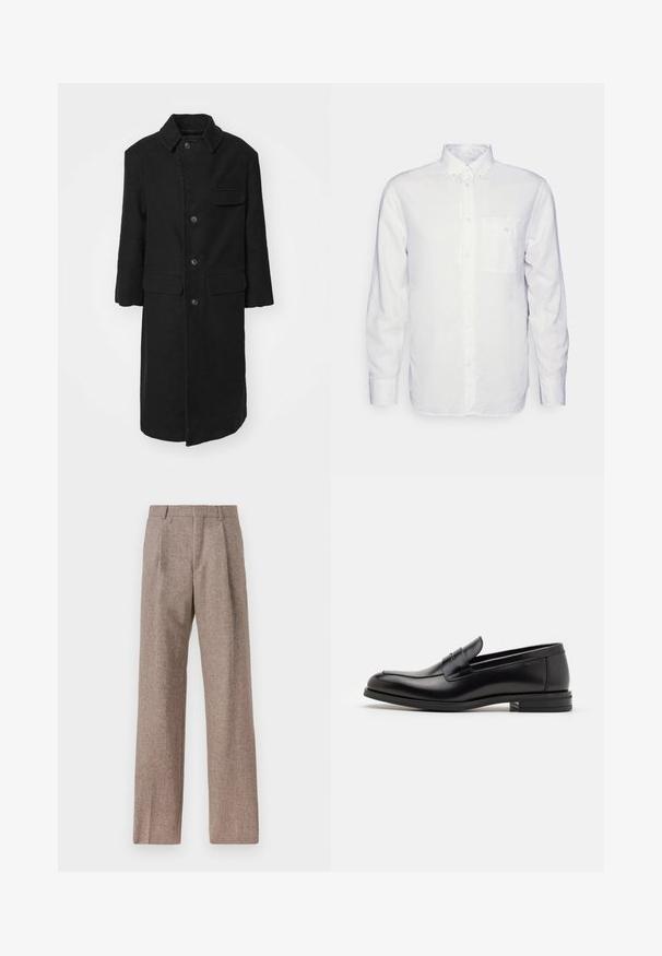 Schwarzer langer Mantel aus robuster Stoffqualität, mit Kragen, Knöpfen auf der Vorderseite und einer Brusttasche. Schlichtes, gerades Design mit seitlichen Taschen.; Langärmliges, weißes Hemd aus Baumwolle mit Button-Down-Kragen, Fronttasche und normalem Schnitt. Strukturierter Stoff mit glatter Oberfläche.; Braune, hochtaillierte Hose aus strukturiertem Stoff. Mit weitem Bein und zwei vorderen Bügelfalten für zusätzliche Form. Saubere Verarbeitung ohne sichtbare Hardware.; Schwarze Lederloafers mit glatter Textur, rundem Zehenbereich und einem dekorativen Riemen über dem Vorderfuß. Niedriger, gestapelter Absatz, minimalistisches Design.