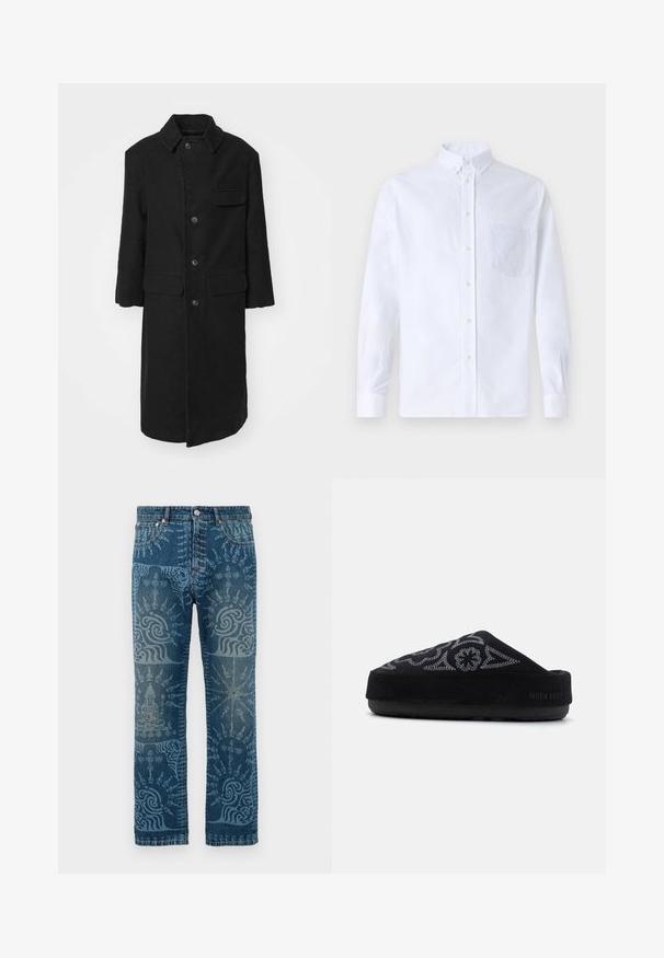 Čierny dlhý kabát z pevnej látky, s golierom, prednými gombíkmi a náprsníkom. Jednoduchý, rovný strih s bočnými vreckami.; Biely dlhý rukáv košeľa s gombíkmi vyrobená z bavlny, s náprsného vrecka s tonálnou výšivkou, golierom a gombíkovými manžetami.; Džínsy zo stredne modrého prania, majúce zložitý svetlomodrý vzor, rovný strih, klasický päť-vreckový štýl a zapínanie na gombík.; Čierne semišové slip-on topánky s vyšívaným motívom, zaoblenou špičkou, hrubou podrážkou a nápisom "MOON BOOT" na päte. Štruktúrovaný povrch.