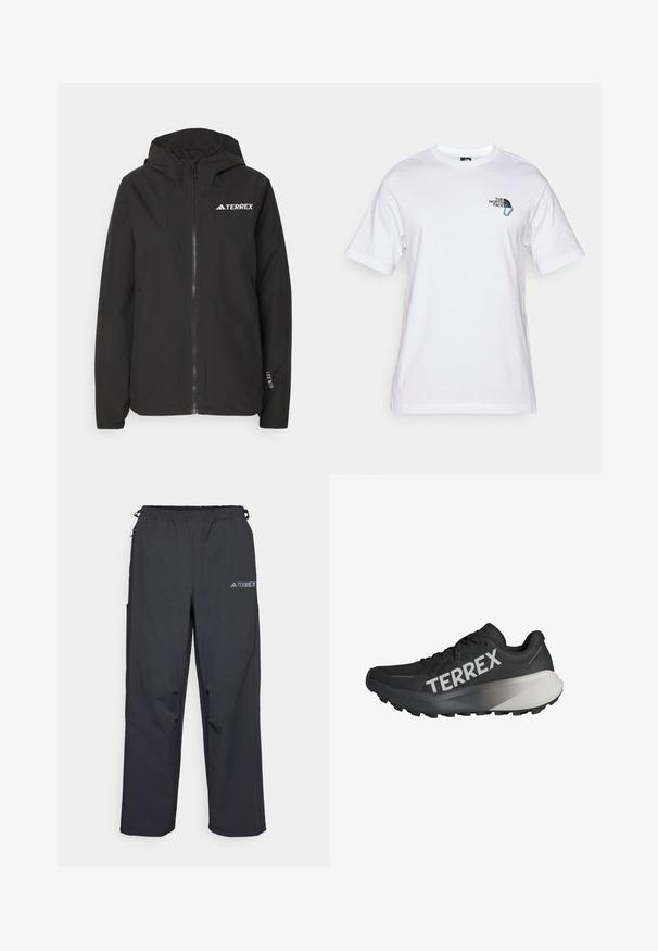 Musta Terrex-takki, jossa on vetoketjukiinnitys edessä, verkkomallinen huppu, elastiset hihansuut ja logo rinnassa. Kevyt kangas, jolla on sileä pinta.; The North Face EXPLORE CARABINER RELAXED TEE UNISEX - Printtipaita - white; Mustat, kevyet ulkoiluhousut, joissa on joustava vyötärö, sivutaskut ja logo oikeassa yläreunassa. Sujuva, vettä hylkivä kangas.; Musta juoksukenkä, jossa on tekstuuri yläosassa, näyttävä "TERREX" -logo valkoisena, kapeneva pohjadesign ja harmaan sävyinen gradientti kantapäässä.