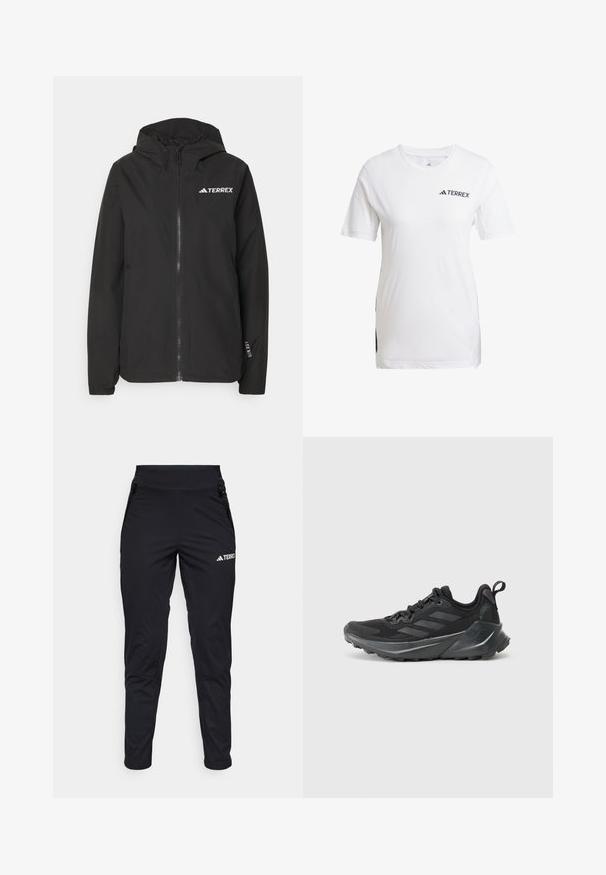 Black Terrex jacket featuring a zip front, mesh-lined hood, elastic cuffs, and logo at the chest. Lightweight fabric with a smooth texture.; White Terrex athletic shirt made of lightweight material, featuring short sleeves, mesh accents, and a black logo on the front.; Black athletic pants with a smooth fabric, featuring a fitted design, zippered pockets, and a textured lower leg. Logo printed on the front.; Black athletic shoes with a textured fabric upper, prominent three-stripe design in gray, cushioned midsole, and rugged outsole.