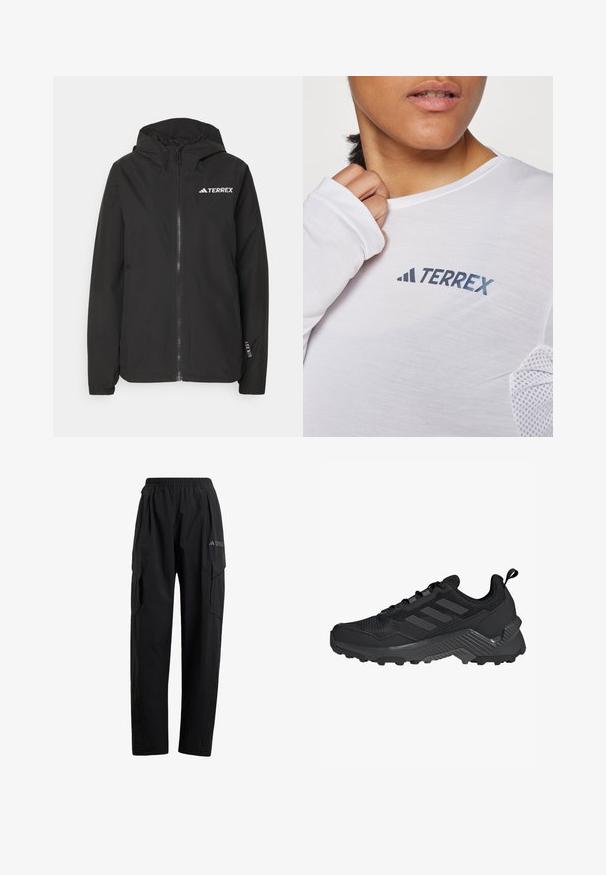 Black Terrex jacket featuring a zip front, mesh-lined hood, elastic cuffs, and logo at the chest. Lightweight fabric with a smooth texture.; White long-sleeve shirt featuring a blue "TERREX" logo. The fabric is lightweight with textured mesh accents on the shoulders.; Black cargo pants with an elastic waistband, two side pockets, and a slightly tapered leg design. Made from lightweight material.; Black athletic shoe featuring a mesh upper, three-stripe design, molded heel, and rugged outsole with prominent traction lugs.