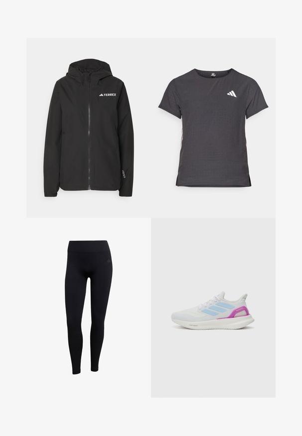 Giacca Terrex nera con zip frontale, cappuccio foderato in rete, polsini elasticizzati e logo sul petto. Tessuto leggero con una consistenza liscia.; T-shirt atletico a maniche corte, grigio scuro con texture perforata. Presenta un logo bianco e strisce laterali a contrasto. Girocollo.; Leggings sportivi neri realizzati in tessuto elasticizzato, con vita alta, design aderente e polsini a coste alle caviglie. Logo del marchio discreto.; adidas Performance PUREBOOST 5 - Scarpe da corsa su strada - white/glow blue/purple burst