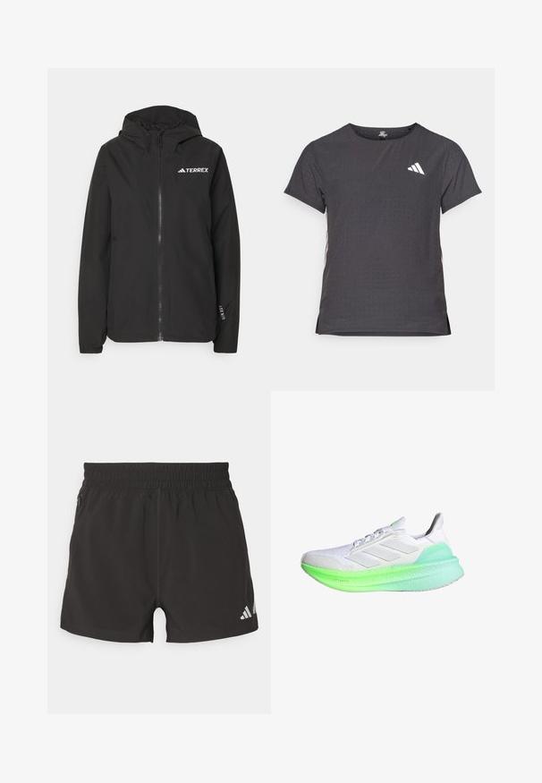 Čierna bunda Terrex s predným zipsom, kapucňou so sieťovou podšívkou, elastickými manžetami a logom na hrudi. Ľahký materiál s hladkou textúrou.; Tričko s krátkym rukávom pre šport, tmavosivé s perforovanou textúrou. Obsahuje biele logo a kontrastné bočné pruhy. Okrúhly výstrih.; Čierne športové šortky vyrobené z ľahkého materiálu. Majú elastický pás, bočnú zipsovú kapsu a reflexné logo na dolnom okraji.; Biele športové topánky s textúrovaným sieťovaným zvrškom, stredná časť so zeleným gradientom a tromi bielymi pruhmi na boku. Má zaoblenú špičku a polstrovanú podrážku.