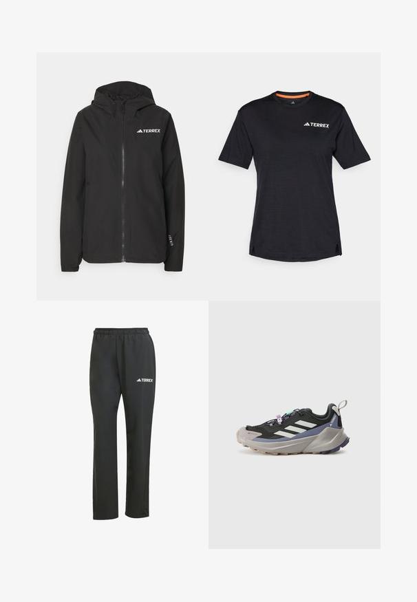 Crna Terrex jakna s patentnim zatvaračem sprijeda, kapuljačom s mrežastim podloženjem, elastičnim manžetama i logotipom na prsima. Lagani materijal s glatkom teksturom.; Crna majica kratkih rukava s okruglim izrezom, koja ima suptilnu melirani teksturu i bijeli logo "TERREX" na gornjoj lijevoj strani.; Crne lagane hlače s elastičnom trakicom u struku. Imaju suptilan bijeli “TERREX” logo. Glatka tkanina i ravni kroj.; Crni atletski tenisice s Gore-Tex gornjom, bijelim prugama, ljubičastim akcentima, debelim sivim potplatom i teksturiranim sivim donjim dijelom za bolju prionljivost.