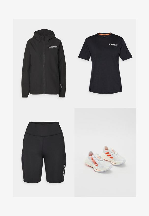 Black Terrex jacket featuring a zip front, mesh-lined hood, elastic cuffs, and logo at the chest. Lightweight fabric with a smooth texture.; Black short-sleeve T-shirt with round neckline, featuring a subtle heather texture and white "TERREX" logo on the upper left side.; Black athletic shorts made of stretchy fabric, featuring a high waistband, side pockets, and a white logo accent on one leg.; White running shoes with orange accents. Mesh material, rounded toe, and thick midsole. "TERREX" printed on lateral side and three stripes on heel.