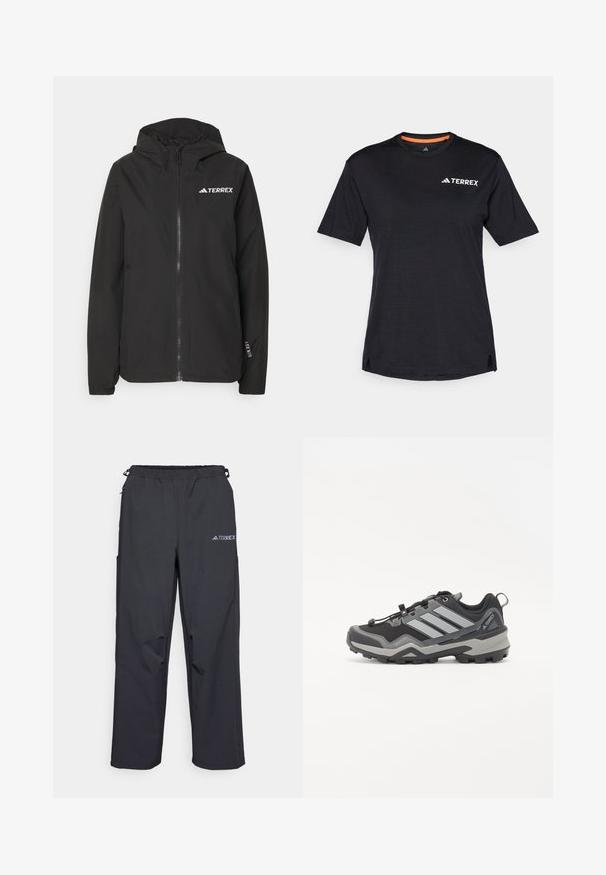 Musta Terrexi jope, millel on lukuga esitasku, võrguga vooderdatud kapuuts, elastsed mansetid ja logo rinnal. Kergest kangast, millel on sile tekstuur.; Must t-särk lühikeste varrukatega, ümmarguse kaelusega, millel on peen heather struktuur ja valge "TERREX" logo vasakul ülanurgas.; Mustajad, kerged väljakäimise püksid elastse vöökoha, küljetaskute ja logoga paremal ülemisel jalal. Sile veekindel kangas.; Mustalased ja hallid matkajalanõud tekstuurse pinnaga, kummist tald ning kolm silmapaistvat halli triipu küljel; varustatud kiire paelumise süsteemiga.