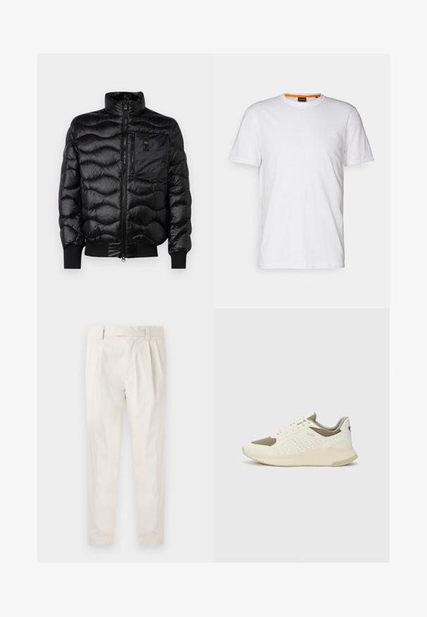 Blauer DANIEL - Bunda z prachového peří - black; Bílý bavlněný tričko s kulatým výstřihem, krátkými rukávy a jemně embosovaným logem na hrudi. Vnitřní štítek má oranžový akcent.; Bílé, plisované kalhoty s upraveným střihem, které mají hladkou texturu, poutka na opasek a zúžené nohavice. Bez viditelných kapes nebo vzorů.; Bílé a světle béžové atletické tenisky, které mají síťovaný svršek, perforované detaily a texturovanou mezipodešev s logem na patě.