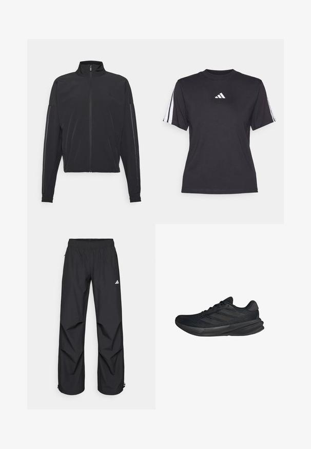 Zwarte sportjack met een opstaande kraag, rits aan de voorkant, zijzakken en contrasterende verticale strepen op de mouwen, gemaakt van lichtgewicht stof.; Zwarte sport T-shirt van zacht materiaal, met een ronde hals, korte mouwen en drie witte strepen op elke schouder. Witte logo op de borst.; Zwarte, lichtgewicht, waterdichte broek met een elastische tailleband, zijzakken en verstelbare boorden. Voorzien van een wit logo op de linker bovenbeen.; Zwarte sportieve schoenen met een bovenwerk van mesh, gestroomlijnde vorm, platte zool en drie diagonale strepen aan de zijkant. Lichtgewicht ontwerp voor comfort.