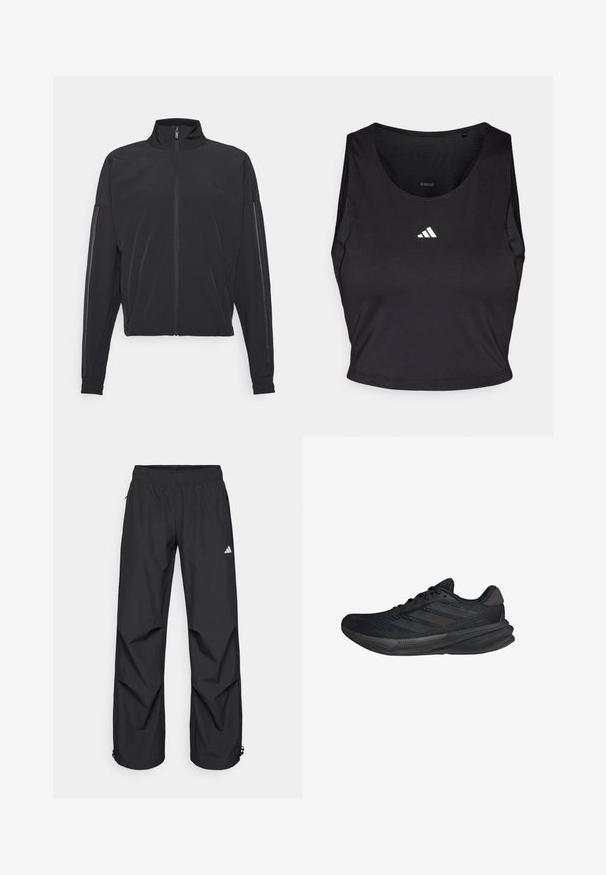 Schwarze Sportjacke mit Stehkragen, Frontreißverschluss, seitlichen Taschen und kontrastierenden vertikalen Streifen an den Ärmeln, aus leichtem Material gefertigt.; Schwarzes Sport-Crop-Top aus feuchtigkeitsableitendem Material, mit rundem Halsausschnitt, ärmellosem Design und weißem Logo auf der Brust.; Schwarze, leichte, wasserdichte Hosen mit elastischem Bund, seitlichen Taschen und verstellbaren Bündchen. Mit einem weißen Logo am linken Oberschenkel.; Schwarze Sportschuhe mit einem Obermaterial aus Mesh, stromlinienförmiger Form, flacher Sohle und drei diagonalen Streifen an der Seite. Leichtes Design für Komfort.