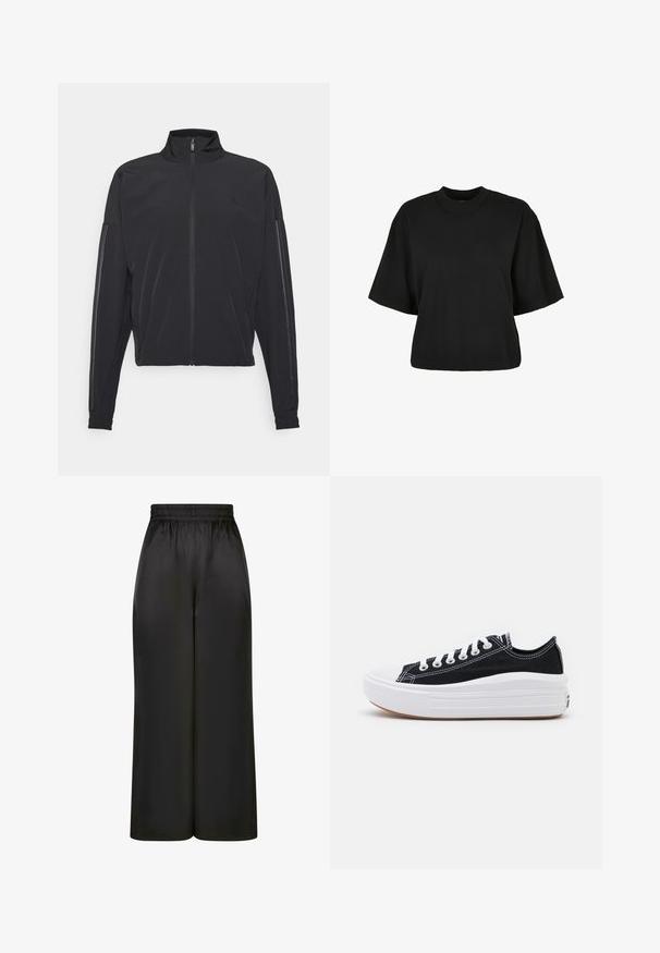 Crna atletska jakna s uspravnim ovratnikom, prednjim zatvaračem, bočnim džepovima i kontrastnim vertikalnim prugama na rukavima, izrađena od laganog materijala.; Crna skraćena majica od pamuka. Ima kratke rukave i okrugli izrez. Glatka tekstura s jednostavnim dizajnom, bez dodatnih uzoraka.; Crne široke hlače napravljene od glatkog, sjajnog materijala s elastičnim pojasom i bez vidljivih džepova ili metalnih detalja.; Crne platnene tenisice s bijelim vezicama, bijelim gumastim vrhom i debelim bijelim međusolom. Imaju suptilnu bijelu šav, a đon je od gume.