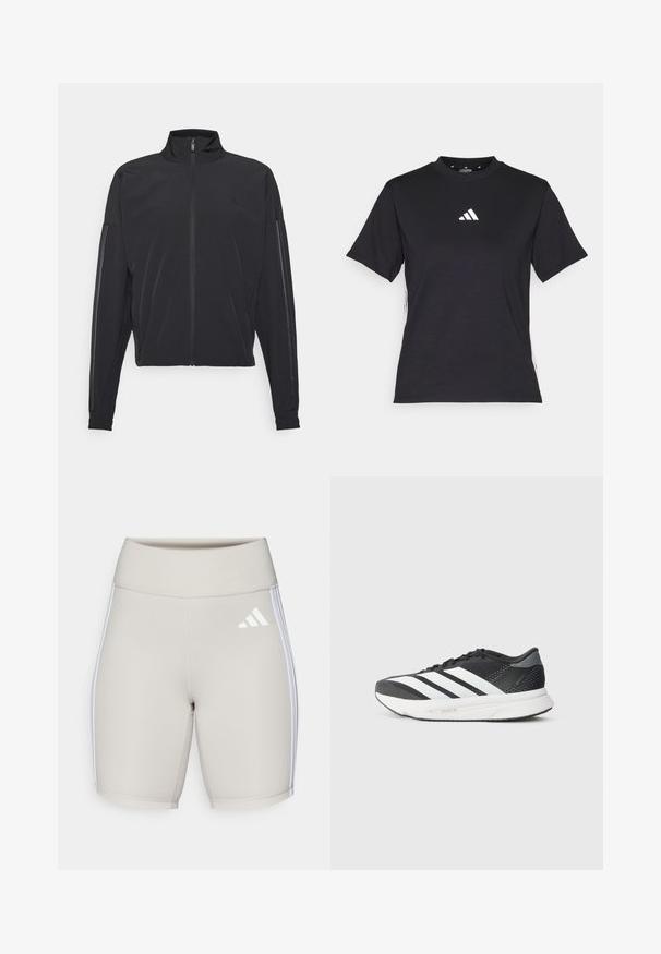 Fekete sportdzseki álló gallérral, elülső cipzárral, oldalsó zsebekkel, és eltérő színű függőleges csíkokkal a ujjakon, könnyű anyagból készült.; Fekete, rövid ujjú póló puha anyagból. Fehér Adidas logóval és kontrasztos fehér csíkokkal az oldalin.; Beige színű sportnadrág magas derékkal, sima textúrával, három fehér csíkkal az oldalán és egy kis fehér logóval az elején.; Fekete sportcipő fehér csíkokkal, hálós felsőrésszel, párnázott talppal és karcsú kialakítással. Szürke hangsúlyok a sarokrészen és a nyelvén.