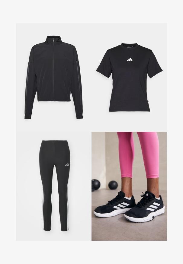 Čierna športová bunda s vysokým golierom, predným zipsom, bočnými vreckami a kontrastnými vertikálnymi pruhmi na rukávoch, vyrobená z ľahkej textílie.; Čierne tričko s krátkym rukávom vyrobené z mäkkej tkaniny. Obsahuje biele logo Adidas a kontrastné biele pruhy po stranách.; Čierne legíny vyrobené z elastického materiálu s bielymi bočnými pruhmi a malým reflexným logom na ľavej hornej strane.; Čierne atletické topánky s bielymi pruhmi, textúrovaný sieťovaný zvršok a biela podrážka. Nosené s ružovými legínami, ukazujúce tréningové oblečenie.
