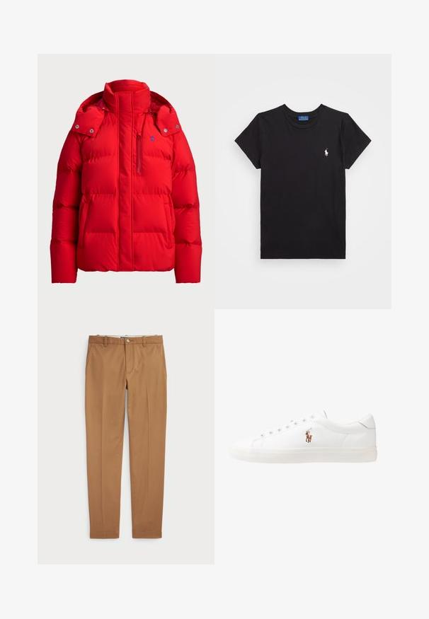 Rdeča zimska jakna z visokim ovratnikom, z žepom na zadrgo, gumbom na sponko in logotipom; prešita tekstura za izolacijo.; Črna bombažna majica s krožnim izrezom, kratkimi rokavi in belim vezenim logojem na levem prsnem delu. Gladka tekstura, ležeren dizajn.; Rjave bombažne hlače s slim-fit obliko, ravnim sprednje delom in standardnimi žepi; gladka tekstura in obrobljeni robovi.; Bela usnjena teniski čevlji, nizki model, z gladko teksturo, okrogle konice, vezavi spredaj ter majhnim vezenim logotipom na strani.