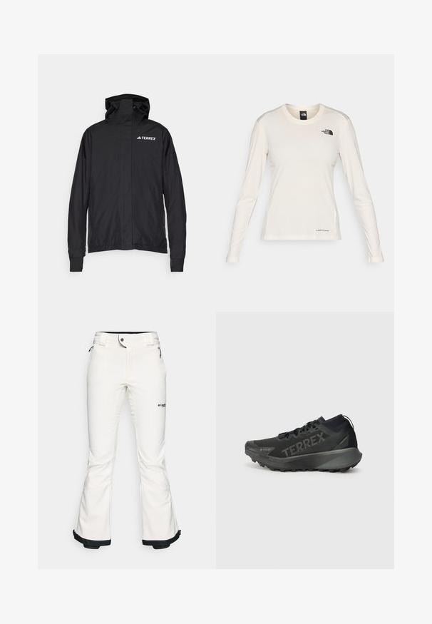 Giacca nera Terrex con zip frontale, cappuccio regolabile e polsini elasticizzati. Presenta un tessuto morbido e leggero con un logo sul petto.; The North Face SHADOW LONG SLEEVE - Maglietta a manica lunga - white dune; Pantaloni da sci bianchi realizzati in materiale morbido e flessibile. Presentano una vita aderente, gambe ampie e svasate, con rifiniture nere ai polsini. Logo del marchio visibile.; Scarpe da corsa Terrex nere con tomaia testurizzata, suola rigida e branding prominente. Presentano un tallone imbottito per supporto e trazione.