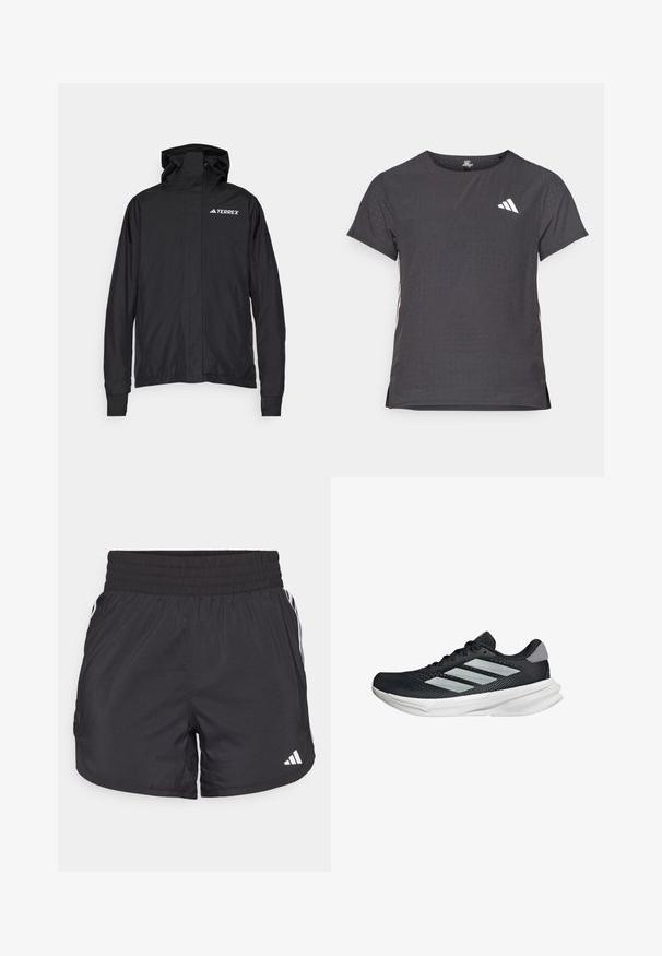 Giacca nera Terrex con zip frontale, cappuccio regolabile e polsini elasticizzati. Presenta un tessuto morbido e leggero con un logo sul petto.; T-shirt atletico a maniche corte, grigio scuro con texture perforata. Presenta un logo bianco e strisce laterali a contrasto. Girocollo.; Pantaloni sportivi neri con elastico in vita, tasche laterali e strisce bianche ai lati. Realizzati in materiale leggero.; Scarpa da corsa nera con tomaia in mesh, tre strisce argentate, intersuola bianca e suola testurizzata. Presenta un colletto imbottito e chiusura con lacci.