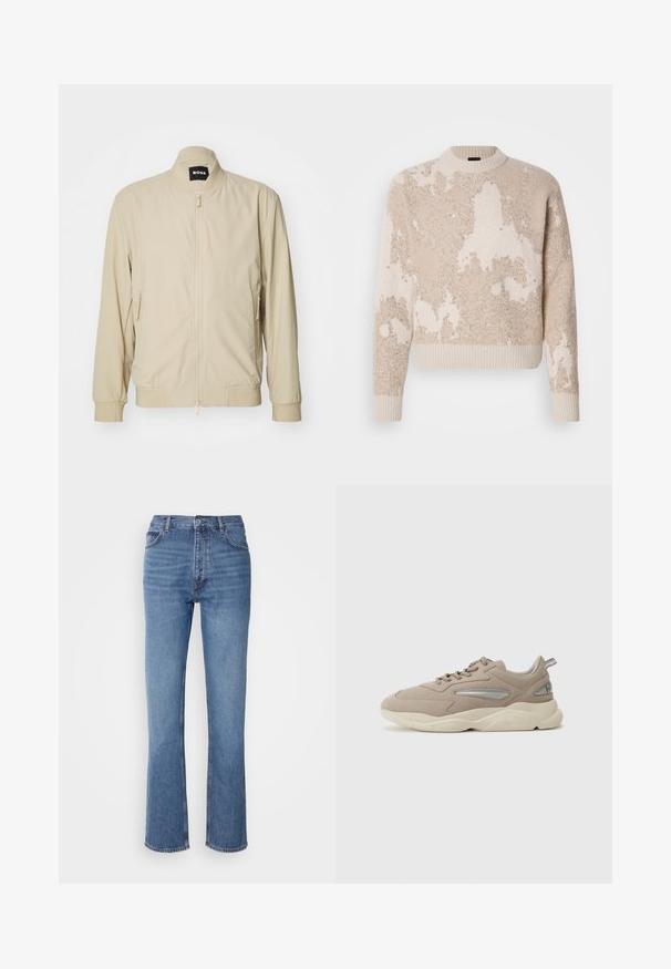 Bež bomber-jakk, millel on lukuga esiosa, püstkrae ja küljetaskud. Valmistatud siledast, kergekaalulisest kangast, millel on elastsed mansetid ja alläär.; Beež ja koorevärvi tekstuuriga kudum, millel on abstraktsed mustrid, ribidega ümar kaelus, käised ja äär, esitatud valgel taustal.; Sinised denim teksad kõrge vöökoha, sirge jala disaini ja kerge pleekimisega. Omavad klassikalist viit taskut ja tõmbluku sulgemist.; Beige nubukist tennisjalanikesed tekstureeritud viimistlusega, hõbedaste aksessuaaridega, paksu kreemika tallaga ja pehmendatud kraega. Paelad kulgevad ülevalt silmade kaudu.