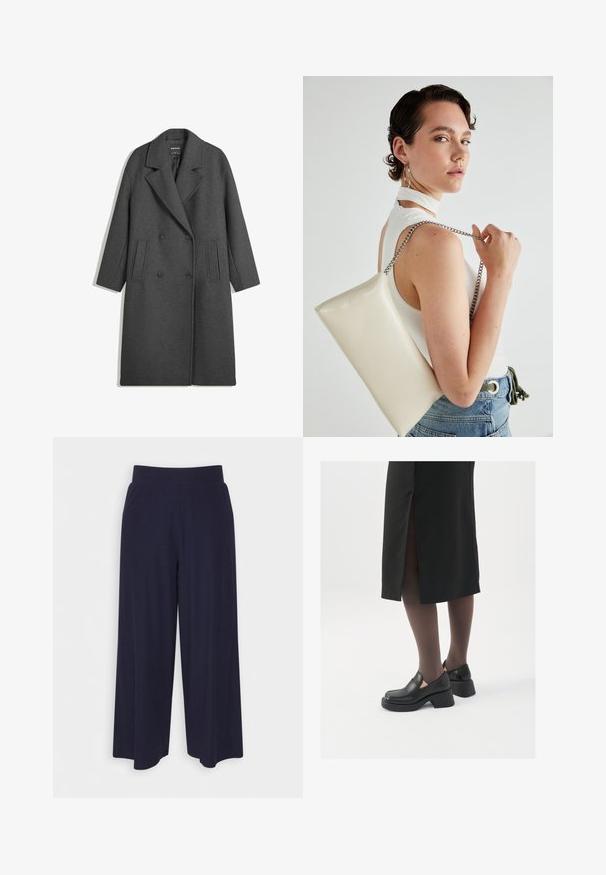 Cappotto lungo doppio petto in lana grigia scura con ampi risvolti e due tasche laterali, esposto piatto su sfondo bianco.; Maglione bordeaux a collo alto con collo e polsini a costine, realizzato in una morbida texture, featuring spalle abbassate e una vestibilità rilassata.; Pantaloni a gamba larga in tessuto navy scuro con una texture a coste. Presentano una vita liscia e una silhouette fluida, che arriva a metà polpaccio.; Scarpe in pelle nera con punta arrotondata, tacco spesso a blocco e accenti laterali in elastico, abbinate a collant scuri e una gonna nera con uno spacco.; Borsa a pochette rettangolare bianca realizzata in materiale lucido, con una tracolla in catena argentata. Il modello posa, mostrando la borsa su uno sfondo semplice.