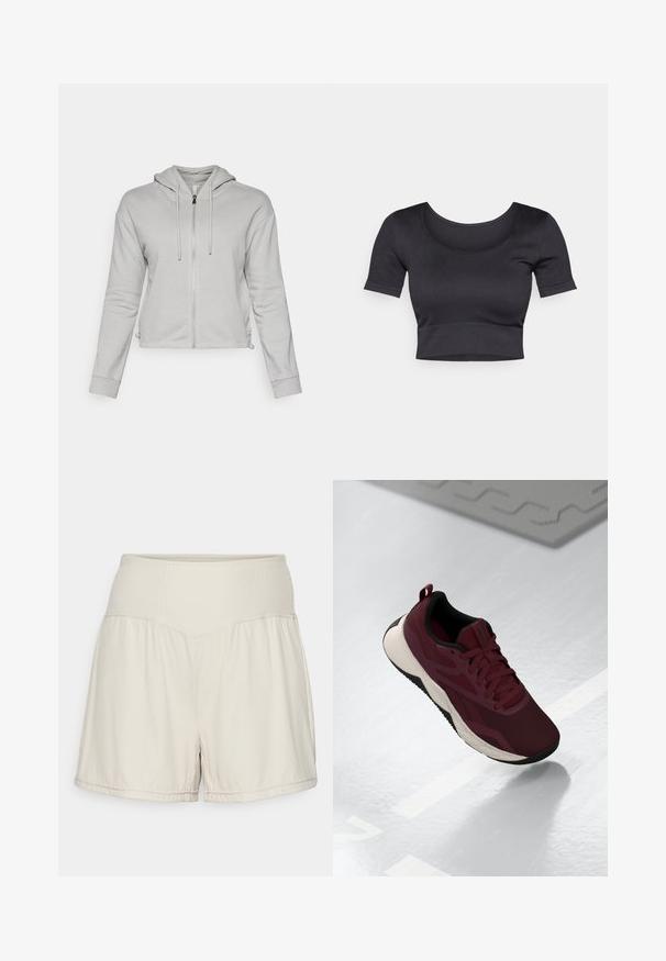 Svetlošedá skrátená mikina s predným zipsom, kapucňou so sťahovacou šnúrkou, bočnými vreckami a rebrovanými manžetami. Vyrobená z jemnej, hladkej látky.; Čierny rebrovaný krátky top s krátkymi rukávmi, širokým okrúhlym výstrihom a fitted pásom na dne. Mäkká textúra, ležérny dizajn.; Svetlo béžové šortky s textúrovaným rebrovaným pásom, voľným strihom a pohodlným fitom. Obsahujú prešité lemy a postranné rozparky pre väčšiu flexibilitu.; Bordová športová obuv s textilným vrchom, čiernymi akcentmi a polstrovanou bielou podrážkou. Obsahuje šnúrku na zaviazanie a pútko na päte.