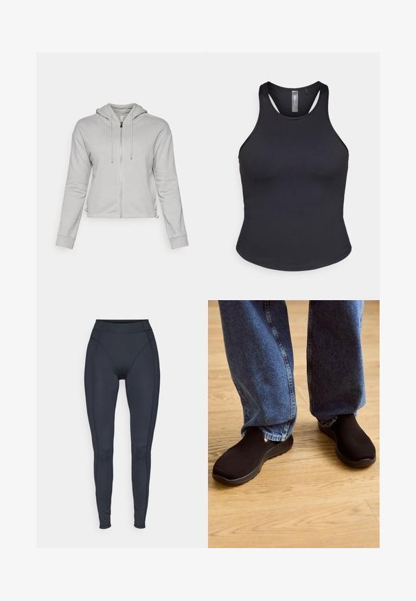 Sudadera corta de color gris claro con cremallera frontal, capucha con cordón, bolsillos laterales y puños acanalados. Hecha de un tejido suave y liso.; ONLY Play ONPSANA SHORT - Top - black; Leggings negros de cintura alta hechos de tela elástica, con lados sin costuras y un diseño ajustado para comodidad y movilidad.; Zapatos negros tipo slip-on con parte superior de malla texturizada y suela acolchada, combinados con jeans de mezclilla azul de corte holgado sobre un suelo de madera.