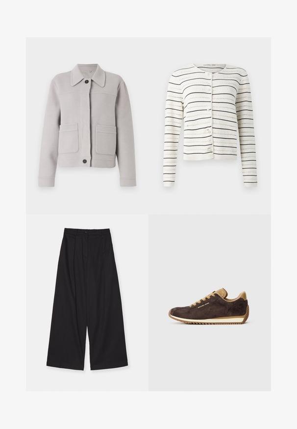 Lichtgrijze wollen blend jas met een kraag, sluiting met knopen aan de voorkant en twee grote opgestikte zakken. Zachte textuur met nette aanspringdetails.; Witte cardigan met zwarte horizontale strepen en een opengewerkt patroon. Kenmerkt zich door een ronde halslijn en parelachtige knopen aan de voorkant.; Witte katoenen blouse met lange mouwen, een puntkraag, knoopsluiting aan de voorkant en een afgeronde zoom. Gladde textuur, normale pasvorm en geen patronen.; Zwarte wijde broekspijp gemaakt van een gladde stof, met een hoge taille, voorplooien, een knoopsluiting en een rechte silhouet.; Bruine suède sneakers met tan leren accenten, voorzien van ronde veters, een beige rubberen zool en het "Michael Kors" logo aan de buitenkant.