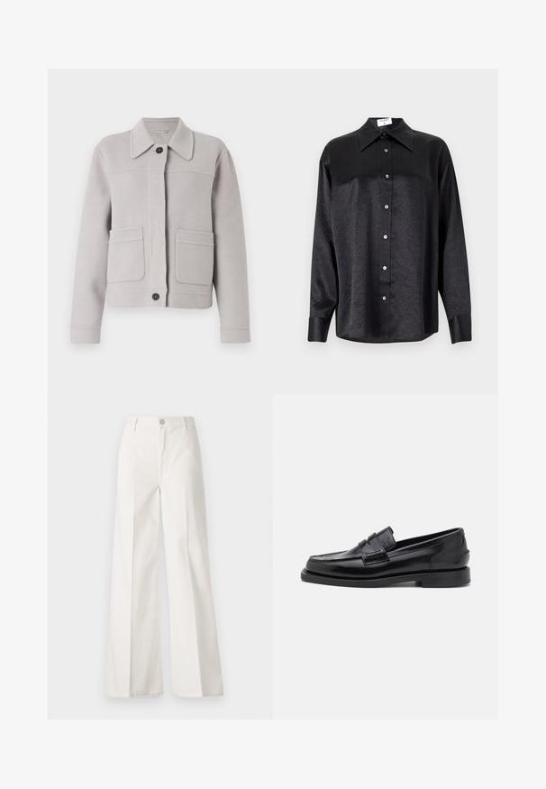 Light grey wool blend jacket with a collar, front button closure, and two large patch pockets. Soft texture with neat stitching details.; Black long-sleeve shirt with a collared neckline, featuring a crinkled texture, full button front, and cuffs. Made from a smooth fabric.; White wide-leg trousers made from cotton with a smooth texture. Features a front button, zipper fly, and four-pocket design.; CLOSED LOAFER - Slip-ons - black