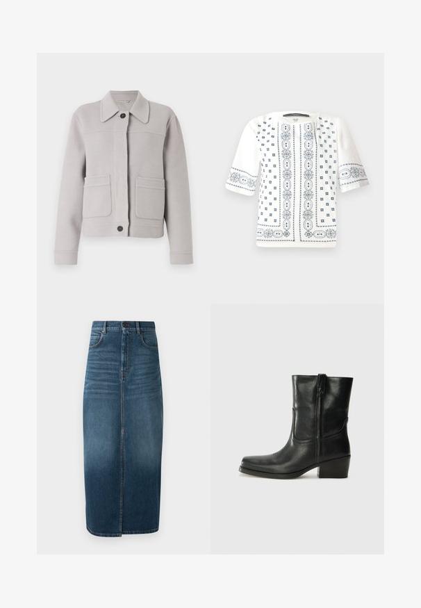 Hellgraue Wollmischjacke mit Kragen, Knopfverschluss vorne und zwei großen aufgesetzten Taschen. Weiche Textur mit sauberen Nähten.; Weiße Kurzarmbluse mit blauer Blumenstickerei, einem runden Ausschnitt und detaillierten Mustern entlang der Vorderseite und Ärmel.; Denim-Midi-Rock in dunklem Indigo, mit einem vorderen Schlitz und leichtem Verblassen. Klassisches Fünf-Taschen-Design mit metallischem Knopfverschluss.; Schwarze Leder-Ankle Boots mit runder Zehenform, Blockabsatz, seitlichem Reißverschluss und gestickten Akzenten auf dem Blatt. Glatte Textur, klassisches Design.