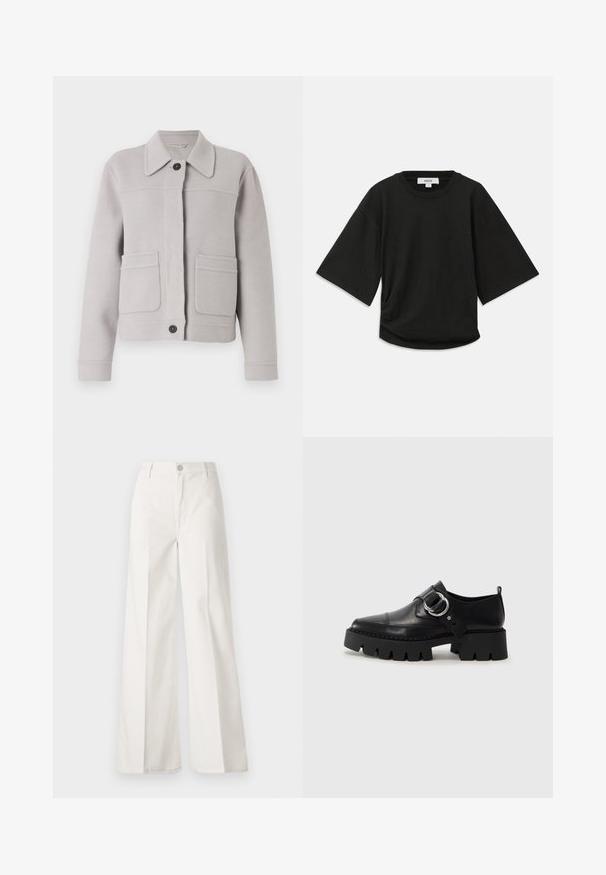 Svijetlosiva jakna od vune s ovratnikom, prednjim zatvaranjem na gumbe i dvije velike zakrpa džepa. Mekani materijal s urednim šavovima.; Crna kratka majica s kratkim rukavima, izrađena od mekog pamuka, s okruglim izrezom i opuštenim krojem te suptilnim nabiranjem sa strane.; Bijele široke hlače izrađene od pamuka s glatkom teksturom. Imaju prednji gumb, patentni zatvarač i dizajn s četiri džepa.; Crne kožne cipele s debelim, rebrastim potplatom, koje imaju okrugli srebrni detalj i minimalne šavove.