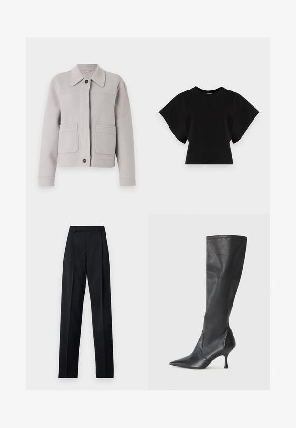 Lys grå uldblandingsjakke med krave, frontlukning med knapper og to store påsyede lommer. Blød tekstur med pæne syninger.; Sort cropped t-shirt lavet af bomuld, med korte, brede ærmer og en rund halsudskæring, der har en glat tekstur og minimalistisk design.; Sorte bukser lavet af glat stof, der har høj talje, brede ben, frontfolder og klassiske bælteløkker. Ingen synlige sidelommer.; Knæhøje sorte læderstøvler med spidse tæer og slanke stiletto-hele. Glat tekstur med en tætsiddende design og syninger ved toppen.