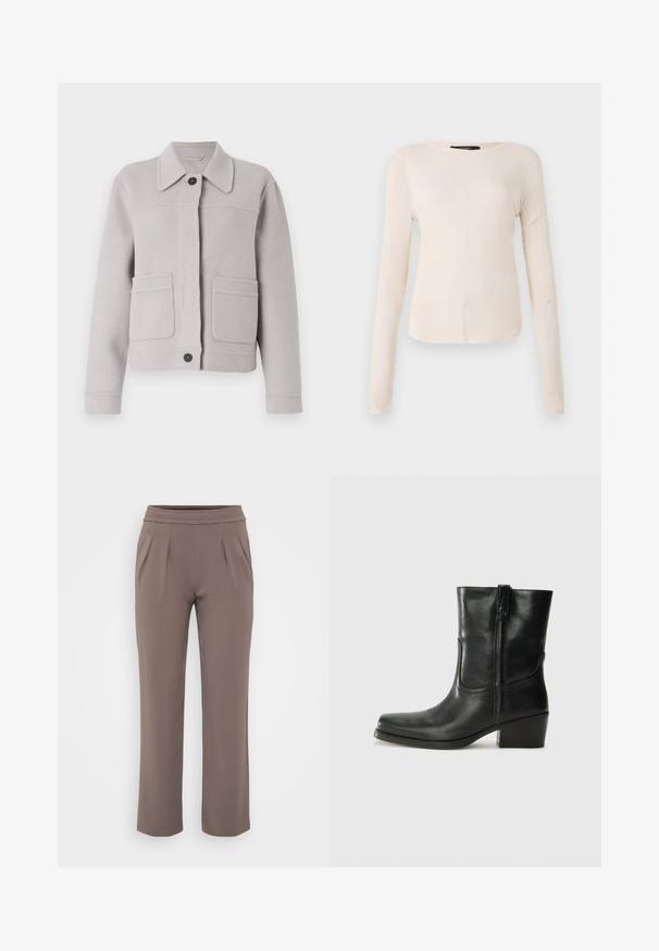 Svetlošedý vlnený blend kabát s golierom, predným zapínaním na gombíky a dvoma veľkými nakladacími vreckami. Mäkká textúra s precíznymi švami.; Dlhý rukáv, svetlo béžový top s okrúhlym výstrihom. Vyrobený z mäkkej látky, má stredový šev a mierne zakrivený spodný okraj. Bez viditeľného hardvéru.; Taupe voľné nohavice s elastickým pásom a prednými skladmi, vyrobené z hladkej látky.; Čierne kožené členkové topánky s okrúhlou špičkou, blokovým podpätkom, bočným zipsom a prešívaním na priehlavku. Hladká textúra, klasický dizajn.