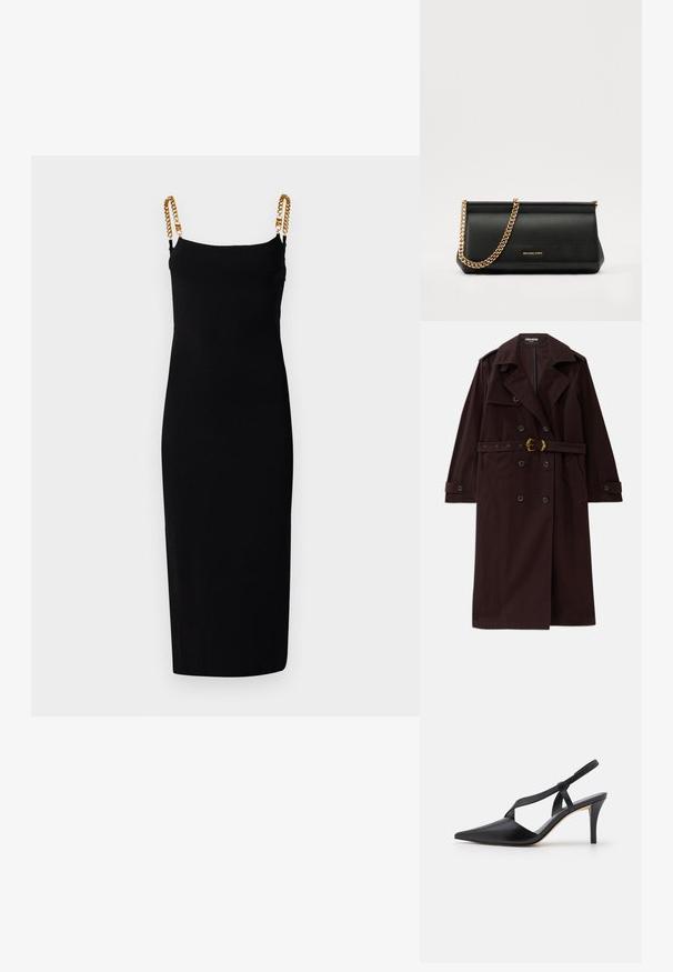 Burgundská dvojradová trenčkot s opaskom v páse, prostredným golierom a prednými vreckami. Vyrobený z odolnej látky s hladkou textúrou.; Čierne šaty bez rukávov s priliehavým strihom, so zlatými reťazovými detailmi na ramienkach. Vyrobené z elastického materiálu pre pohodlie.; Čierne kožené slingback podpätky s špicatou špičkou, krížovým dizajnom popruhov a štíhlym podpätkom pre elegantný siluetu.; Čierna kožená kabelka s retiazkou zo zlata, so hladkou textúrou, obdĺžnikovým tvarom a embosovaným logom na prednej strane.