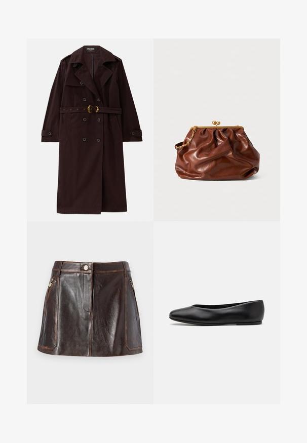 Bordowy trencz zapinany na podwójne listwy, z paskiem w talii, kołnierzem z wycięciem i kieszeniami z przodu. Wykonany z trwałego materiału o gładkiej fakturze.; Beżowy sweter z dzianiny z kołnierzem na pół-zamek, prążkowaną fakturą i długimi rękawami. Charakteryzuje się krótkim fasonem oraz miękkim, ciepłym materiałem.; Bordowa satynowa koszula z długim rękawem, z spiczastym kołnierzykiem i zapinana na guziki, przedstawiona na płasko na białym tle.; Brązowa skórzana mini spódnica o eleganckim wzornictwie, z dwoma bocznymi kieszeniami zapinanymi na zamek i kontrastowymi szwami wzdłuż krawędzi.; Paul Smith TOPANGA czarny; Brązowa skórzana torebka typu kopertówka z złotą klapą i krótkim złotym łańcuszkiem, o miękkiej, marszczonej fakturze na białym tle.