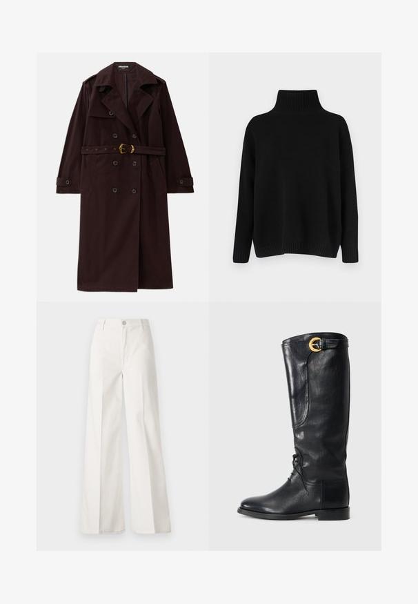 Bordeaux dubbele trenchcoat met dubbele rij knopen, een ceintuur in de taille, een gekarteld kraag en voorzakken. Gemaakt van een duurzaam stof met een soepele textuur.; Zwarte gebreide trui met een hoge, geribbelde kraag, verlaagde schouders en een ontspannen pasvorm. Voorzien van geribbelde manchetten en zoom voor textuur.; Witte wijde-broek gemaakt van katoen met een gladde textuur. Voorzien van een knoop aan de voorkant, ritsopening en vierzakkenontwerp.; Zwarte leren kniehoge laars met een ronde neus, vetersluiting aan de voorkant, zijdetail en een gouden accent gesp aan de bovenkant. Eersteklas afwerking.