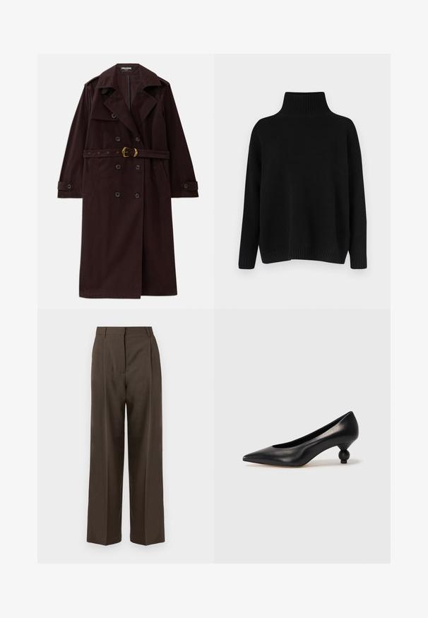Bordeaux dubbele trenchcoat met dubbele rij knopen, een ceintuur in de taille, een gekarteld kraag en voorzakken. Gemaakt van een duurzaam stof met een soepele textuur.; Zwarte gebreide trui met een hoge, geribbelde kraag, verlaagde schouders en een ontspannen pasvorm. Voorzien van geribbelde manchetten en zoom voor textuur.; Bruine wijde broek met een gladde textuur, voorzien van een hoge taille, plooien aan de voorkant en een tailored ontwerp. Geen zichtbare zakken of versieringen.; Zwarte leren hoge hak schoen met een spitse neus en een ronde, bolle hak. Gladde textuur met een elegant, minimalistisch ontwerp.