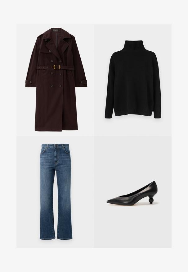 Burgundy dubbelknäppt trenchcoat med bälte i midjan, urtagna krage och framfickor. Tillverkad av ett hållbart material med en slät textur.; Svart stickad tröja med hög ribbad krage, nedsänkta axlar och en avslappnad passform. Har ribbade muddar och fåll för textur.; Mörkblå denimjeans med rak bendesign, femfickorsstil, knäppning och subtila sömdetaljer.; Svart läderhögklackad sko med spetsig tå och rund, bollformad klack. Slät yta med en elegant, minimalistisk design.