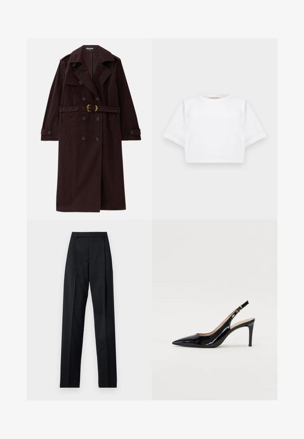 Burgundy double-breasted trench coat with a belted waist, notched collar, and front pockets. Made from a durable fabric with a smooth texture.; Cropped white t-shirt made of soft fabric, featuring short sleeves, a round neckline, and ribbed hem details. Simple and unembellished design.; Black trousers made from smooth fabric featuring a high waist, wide legs, front pleats, and classic belt loops. No side pockets visible.; Black patent leather slingback pump with pointed toe, slim heel, and a subtle cutout design. Features a gold buckle on the strap.