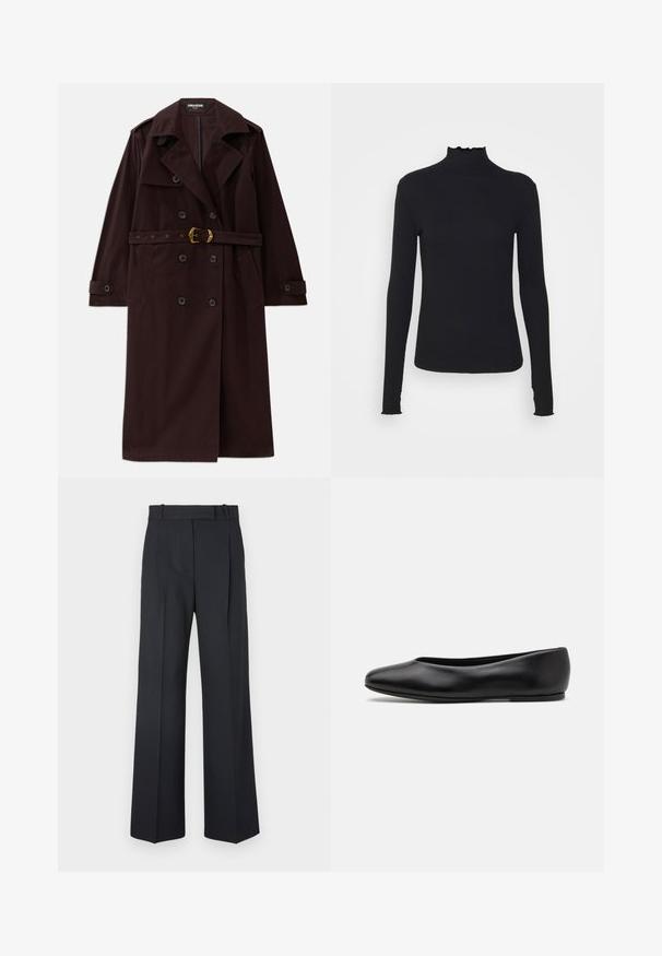 Bordowy trencz zapinany na podwójne listwy, z paskiem w talii, kołnierzem z wycięciem i kieszeniami z przodu. Wykonany z trwałego materiału o gładkiej fakturze.; Czarny, długi rękaw, golf z gładkiego materiału, z falbaniastym kołnierzem i dopasowanym krojem z prostymi brzegami.; Ciemnoniebieskie spodnie w paski z wysokim stanem, szerokimi nogawkami i bez widocznych elementów metalowych lub ozdób. Gładka tekstura i dopasowany krój.; Paul Smith TOPANGA czarny