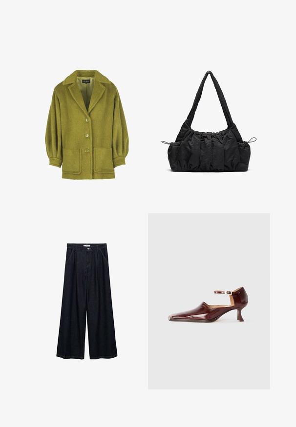 Zielona kurtka z mieszanki wełny o teksturowanym wykończeniu, z klapami, trzema guzikami, dwiema kieszeniami z przodu oraz marszczonymi rękawami.; Szara longsleeve z okrągłym dekoltem, z białym wykończeniem na dekolcie i mankietach. Wykonana z miękkiego, teksturowanego materiału.; Ciemnoniebieskie spodnie o szerokich nogawkach z wysokim stanem, z zamknięciem na guzik z przodu, dwoma bocznymi kieszeniami oraz detalami w szwach.; Burgundowe lakierowane buty na obcasie z wąskim noskiem, paskiem na kostkę i 5 cm stożkowym obcasem. Gładka tekstura i minimalistyczny design.; Czarna torebka z tkaniny z marszczoną fakturą, z dwoma ramiączkami i sznurkiem do ściągania po bokach. Gładki, lekki materiał.