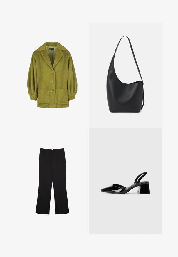 Zeleno volneno mešano jakno z teksturiranim zaključkom, z režastim ovratnikom, tremi gumbi, dvema sprednjima žepoma in nabranimi rokavi.; Črna majica brez rokavov iz bombaža, z okroglim izrezom in širokimi odprtinami za roke. Gladka tekstura s šivi na robovih. Klasičen, minimalističen dizajn.; Črne hlače ravnega kroja z naglavnimi žepi in stranskimi razporki na robu. Narejene iz mehke, gladke tkanine. Primerne za različne priložnosti.; Črne lakirane slingback pete s koničastim nosom in geometrijsko blokasto peto. Imajo eleganten, minimalističen dizajn in gladko teksturo.; Črna usnjena hobo torba z gladko teksturo, ukrivljeno obliko in eno nastavljivo naramnico; ima širok odprtina na vrhu.