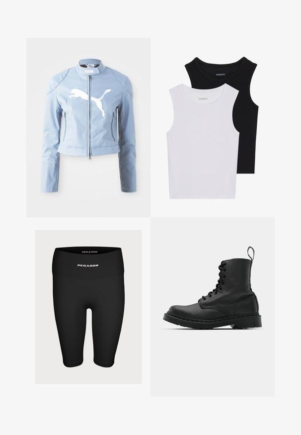 Hellblaues Lederbomberjacke mit Mock-Kragen, Frontreißverschluss und weißem Puma-Logo. Verfügt über seitliche Reißverschlusstaschen und eng anliegende Bündchen.; Zwei ärmellose Oberteile in Schwarz und Weiß, aus geripptem Baumwollstoff, mit runden Ausschnitten und einem taillierten Design. Etiketten auf beiden sichtbar.; Schwarze Sportshorts aus dehnbarem Material, mit einem hohen Bund und einem weißen Logo "PEGADOR" auf der Vorderseite.; Schwarzer Lederkampfstiefel mit runder Zehenpartie, Schnürung vorne und einer Zuglasche am Knöchel. Verfügt über eine dicke Gummisohle für Langlebigkeit.