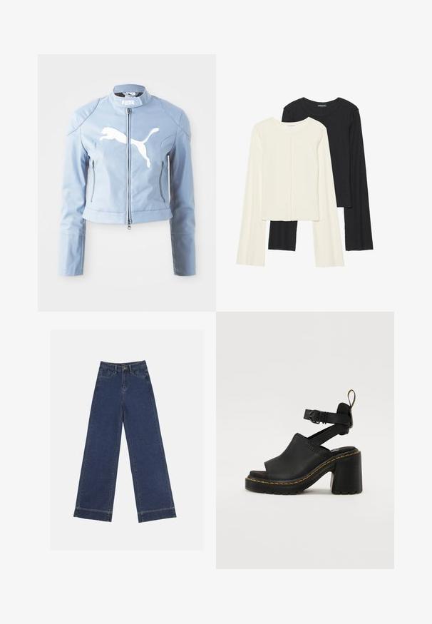 Šviesiai mėlynas odinis bomber tipo švarkas su imitaciniu apykakle, priekiniu užtrauktuku ir baltu Puma logotipu. Yra užtraukiamos šoninės kišenės ir prigludę manžetai.; Dviejų ilgomis rankovėmis marškinėlių rinkinys, baltas ir juodas. Raukšlėta tekstūra, apvalus kaklas, prigludusi forma su šiek tiek platėjančiomis rankovėmis.; Plati džinsai tamsiai mėlynos denimo. Yra penki kišenės, diržo kilpos ir apatinė briauna su matomais siuvimo detalėmis.; Juodos aukštakulnės šlepetės su atvira pirštų dalimi, reguliuojama kulkšnies juosta, lygia odine viršutinė dalimi ir tekstūruotu guminiu padu su geltonu siuvimo akcentu.