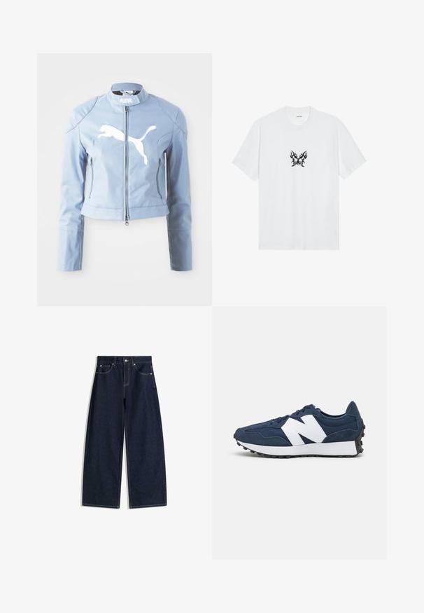 Jacheta bomber din piele de culoare albastru deschis, cu guler fals, fermoar frontal și logo alb Puma. Prezintă buzunare laterale cu fermoar și manșete ajustate.; Tricou alb din bumbac cu mâneci scurte și guler rotund. Prezintă un grafic central cu un fluture cu model de flacără neagră. Textură netedă.; Blugi din denim albastru închis cu picioare largi, buzunare frontale, închidere cu nasturi și cusături vizibile pe un fundal alb.; Pantofi sport bleumarin cu logo alb, din suede și plasă, având guler căptușit, șireturi plate și talpă din cauciuc texturat negru.