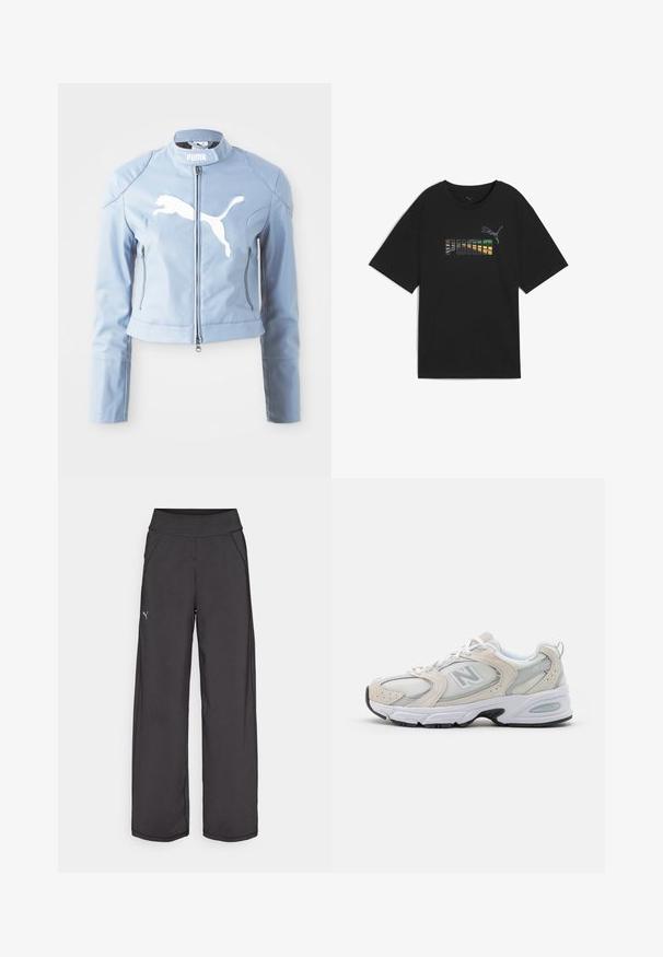 Ljusblå läderbomberjacka med uppsydd krage, framdragkedja och vit Puma-logotyp. Har zip-fickor på sidorna och åtsittande ärmslut.; Svart t-shirt med lös passform, med en flerfärgad "PUMA" textgrafik och logotyp på bröstet. Tillverkad av mjukt bomullstyg.; Svarta träningsbyxor med en bred midja, sidofickor och plana sömmar. Har en liten logotyp på vänster ben. Tillverkade av mjukt, elastiskt tyg.; Idrottssko med en ljusgrå mesh-overdel och suede-accenter, vita snörning och en svart gummisula. Utmärkande ABZORB-dämpning.