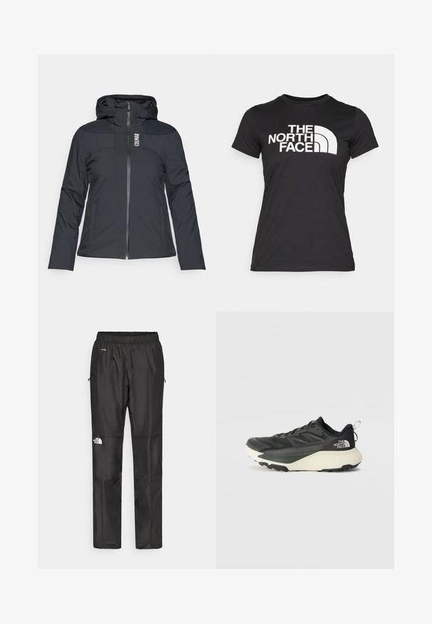 Schwarze Kapuzenjacke mit einem Vorderreißverschluss, schlank geschnitten, mit glatter Textur und einem Logo auf der Brust. Aus leichtem, wasserabweisendem Material gefertigt.; Schwarzes T-Shirt aus Baumwolle mit kurzen Ärmeln. Auf der Vorderseite befindet sich ein großes weißes Logo und eine geschwungene Grafik. Leichte Textur.; Schwarze wasserdichte Hose aus leichtem Material, mit elastischem Bund, Seitentaschen und einem Logo am linken Bein.; Schwarzer Sportschuh mit strukturiertem Obermaterial, ausgestattet mit grauen Akzenten und einer weißen Zwischensohle. Enthält eine Zuglasche und ein markantes Markenlogo an der Ferse.